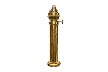 Fototapeta na wymiar Brass candlestick with thick wick inside for fuel with adjustment knob, isolated on a white background with a clipping path.