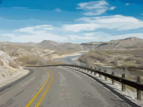 An illustration of a curved road running into a hill and overlooking the Rio Grande River in Big Bend National Park.