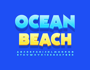 Vector bright banner Ocean Beach. Blue 3D Font. Playful Alphabet Letters and Numbers set