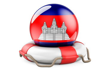 Lifebelt with Cambodian flag. Safe, help and protect of Cambodia concept. 3D rendering