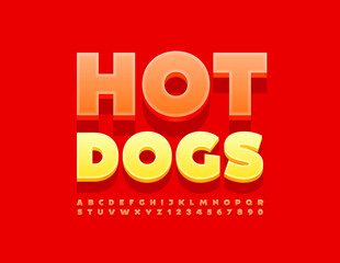 Vector delicious sign Hot Dogs for Cafe and Restaurant Menu. Bright modern Font. Orange set of Alphabet Letters and Numbers