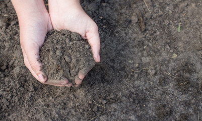 Human hands holding a handful of earth in close-up and space for copying. Concept-gardening and nature conservation