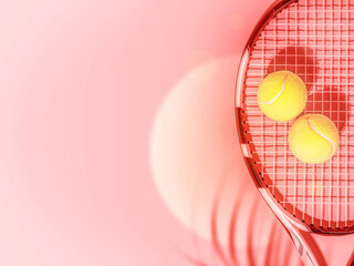 Tennis. Sport composition with yellow tennis balls and racket on a pink background with palm leave...