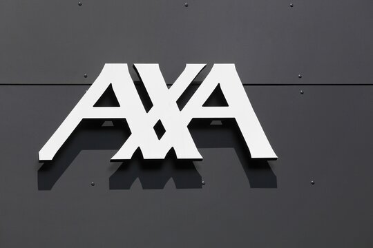 Villefranche, France - May 23, 2021: AXA insurance logo on a wall. AXA is a French multinational insurance firm that engages in global insurance, investment management and financial 
