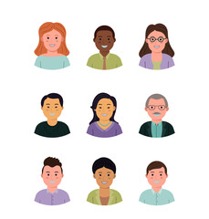 Set of heads of people, avatars of different genders and races. Color vector illustration of flat style. White isolated background.