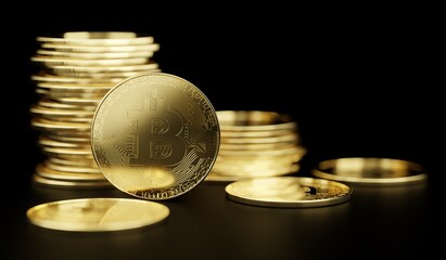 3D illustration Bitcoin Crypto currency Gold Bitcoin BTC Bit Coin. Close up shot of Bitcoin coins isolated on black background Blockchain technology