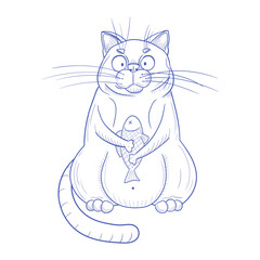 Funny fat cat with fish. Vector illustration. Freehand drawing. Funny character in cartoon style. Linear sketch.