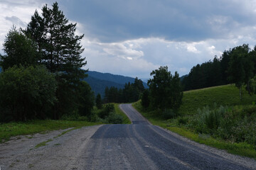 Fototapeta premium Asphalt road among forest and mountains