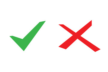 Mark icon. Checkmark cross. Tick sign. Color set. Test question. Vector illustration flat design. Isolated on white background.