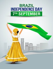happy independence day Brazil 7th of September, girl holding with Brazilian flag. vector illustration. greeting card design