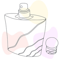 Parfume bottle. Hand-drawn vector line art with abstract color spots.
