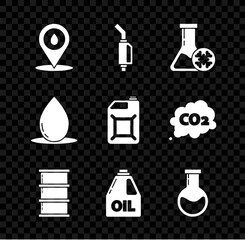 Set Refill petrol fuel location, Gasoline pump nozzle, Antifreeze test tube, Barrel oil, Canister for motor machine, Test and flask, Oil drop and gasoline icon. Vector