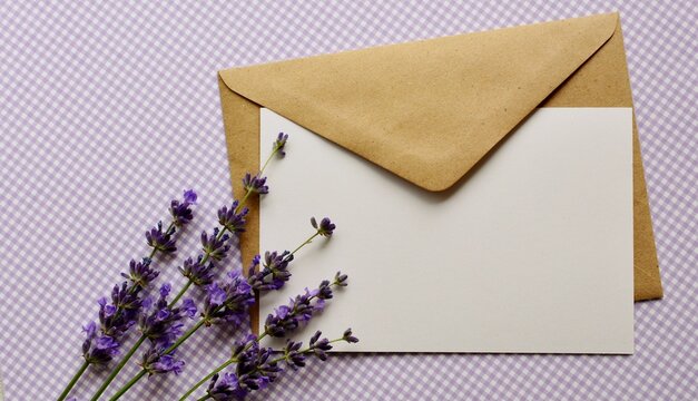 Mock up of craft paper envelope with blank white card on lilac background with lavender flowers close-up. Happy Birthday, Valentine's day, wedding, Mother's Day greeting card concept.