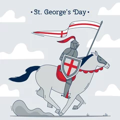 Rolgordijnen Hand Drawn St Georges Day Illustration With Knight Horse Holding Flag Lance © Bazigh