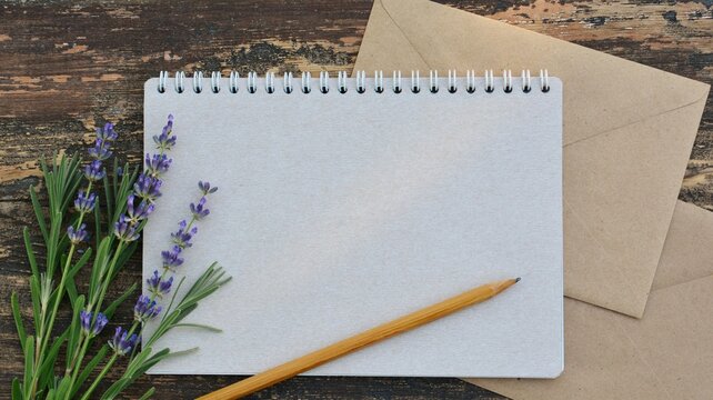 A mock-up of an empty notebook  with a  pencil and lavender flowers with kraft paper envelope  on an old worn wooden background.