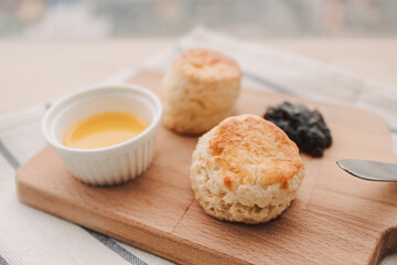 English style scones and coffee for work break time.