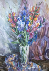 Fototapeta na wymiar Gorgeous gladioli in a crystal vase. Vertical fine art flowers. Still life with graceful bouquet. Watercolor illustration. Pretty colorful painting.