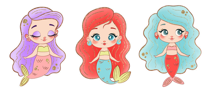 Set Cartoon Little Baby Mermaids Isolated White