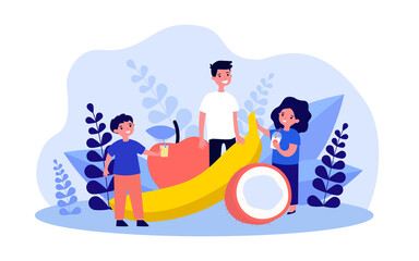 Kids standing next to giant fruits. Flat vector illustration. Little boys, girl drinking juice, milkshake, getting vitamins contained in banana, apple, coconut. Diet, health, body, nutrition concept