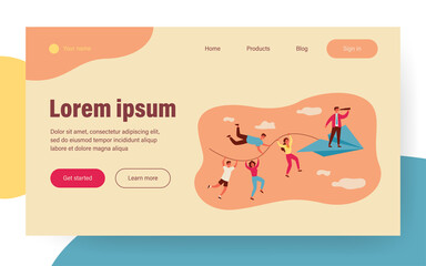 Business team and teamwork metaphor. People holding rope of paper airplane, team leader with spyglass standing in front. Vector illustration for business, planning, challenge concept