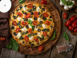 Pizza on a wooden platter and ingredients. Beautiful composition. Wooden simple table. View from above. High angle view. Restaurant, cafe, pizzeria.Cookbook.