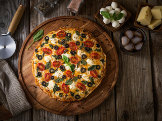 Italian pizza and ingredients. Natural wood background. View from above. High angle view. Restaurant, hotel, pizzeria. Book of recipes. Home kitchen. Advertising, menu design.