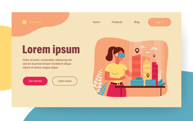 Female architect engineer building 3d city model in digital glasses flat vector illustration. Cartoon character modeling office houses on table via VR. Construction and headset vision concept