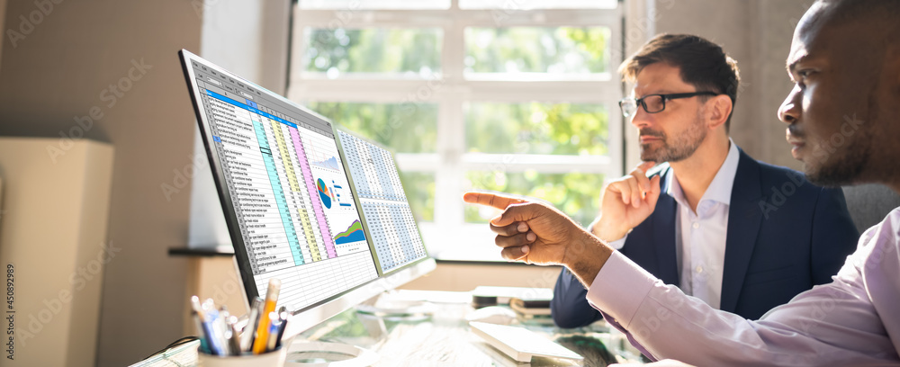 Poster people working with spreadsheet data