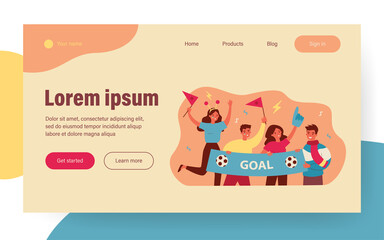 Active soccer fans holding banner isolated flat vector illustration. Cartoon group of characters cheering sport team and screaming during match. Entertainment and celebration concept