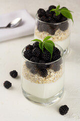 Fototapeta na wymiar Granola with yoghurt and fresh blackberry in glasses