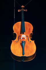 An acoustic cello levitating in the air. Actually hanging off of tiny strings. © Janisphoto