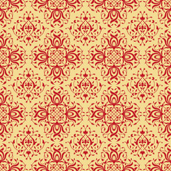 Seamless red pattern, traditional Persian, East decor. Golden back. Swatch is included.