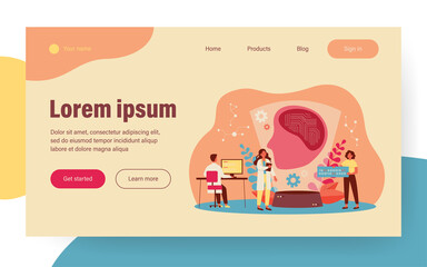 Scientists creating artificial intelligence, writing codes, programming machine learning. Vector illustration for data science, computer technology, ai concept