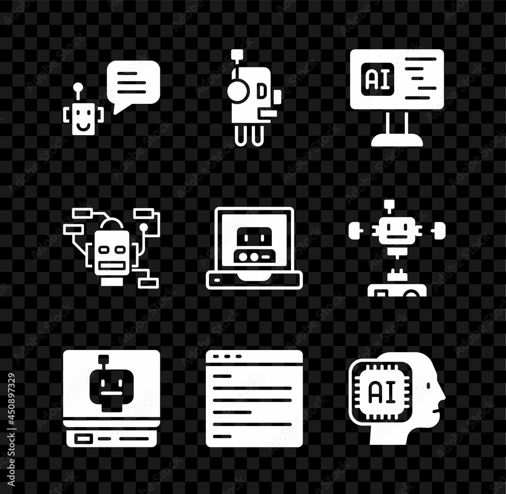 Poster set bot, robot, software, computer api interface, humanoid robot, and creating icon. vector