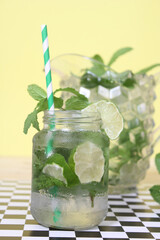 Fresh Mojito Cocktails on Checkered Table in Cafe