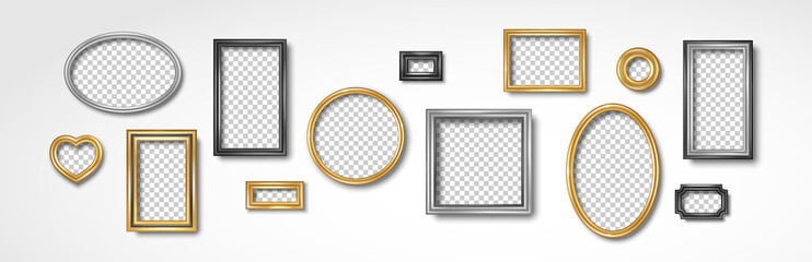 Set of vintage 3d photo frames on white wall. Vector illustration. Realistic gold, silver and black picture boxes, circle, oval and square shapes. Empty blank mockup template, home interior decor © kotoffei