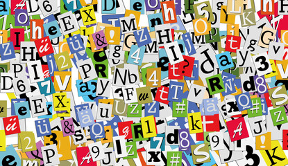 collage of letters, random text and colorful alphabet letterpaper cut