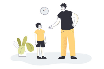 Father screaming at his crying son flat vector illustration. Angry dad punishing and warning sad kid. Difficult relationship between parent and child. Abuse, conflict, rule concept