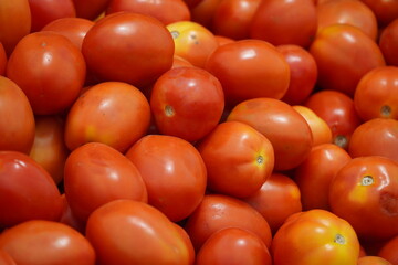 Bunches of ripe red tomatoes laying in a fruit box ready for sale at farmers market. Tomato with tails background. Closeup shot of a bunch of red ripe tomatoes.