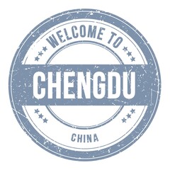 WELCOME TO CHENGDU - CHINA, words written on gray stamp