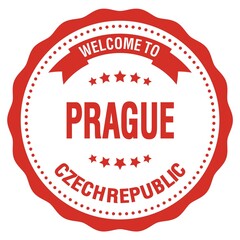 WELCOME TO PRAGUE - CZECH REPUBLIC, words written on red stamp