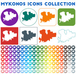 Mykonos icons collection. Bright colourful trendy map icons. Modern Mykonos badge with island map. Vector illustration.