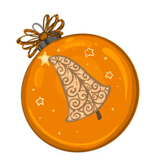 Christmas ball with decoration. Hand drawn orange round shape festive ball with decorative stars and christmas tree. Design for winter holidays. Isolated on white background. Christmas and New Year.