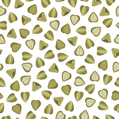 Green buckwheat vector cartoon seamless pattern for template farmer market design, label and packing.