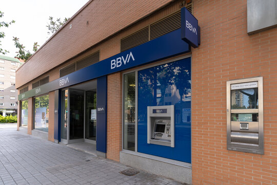 Valencia, Spain - August 1, 2021: Bank branch of BBVA, one of the largest banks in Spain