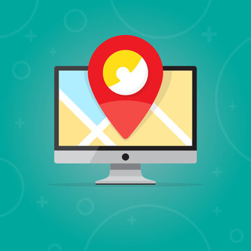 Computer flat design vector illustration. Desktop PC screen with red pin navigation arrow icon on map shows user location. Geolocation app or service.