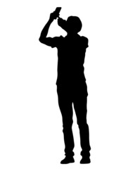 Tourists with smartphones in their hands take pictures of themselves. Isolated silhouettes on white background