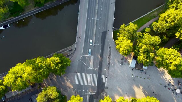Aerial view top down of Cathedral Bridge in Turku, Finland. Bridge over Aurajoki river at sunny day.