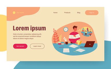 Sad student reading book at desk with computer. Guy dreaming of outdoor activities with friends flat vector illustration. Education, homework concept for banner, website design or landing web page