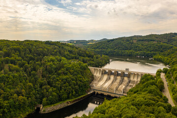 Slapy Reservoir is dam on the Vltava river in the Czech Republic, near to village Slapy. It has a hydroeletrics power station included. Aerial view.